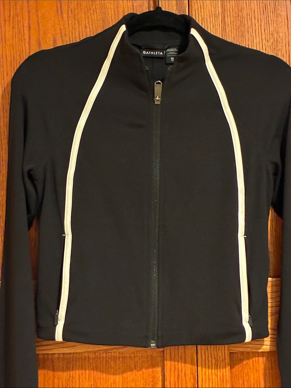 NWT Athleta Salutation Crop Jacket, Black, White Piping, XS, Measurements photos